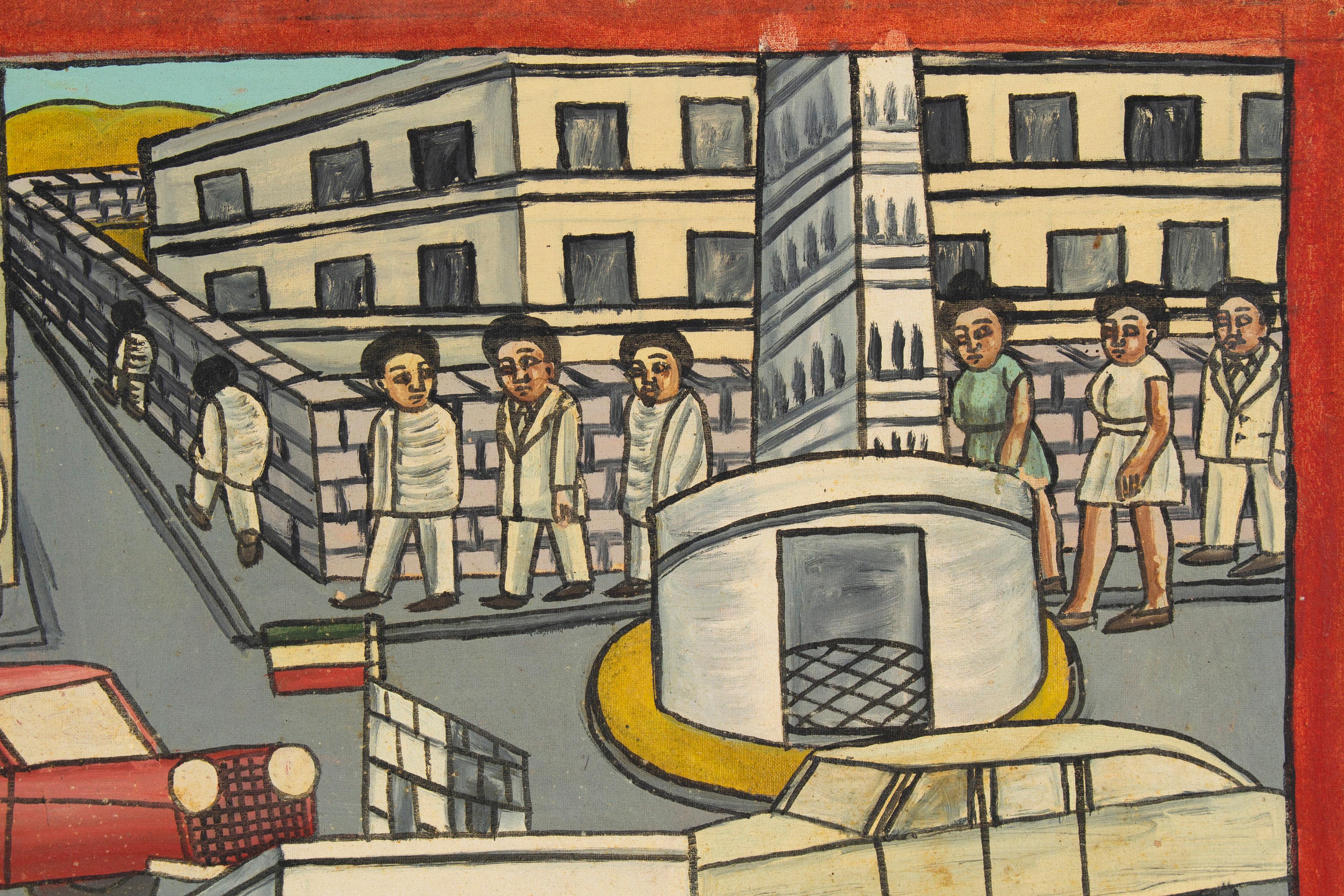 Late 20th Century Naive Ethiopian Painting, Traffic in Addis Ababa, 1970s For Sale