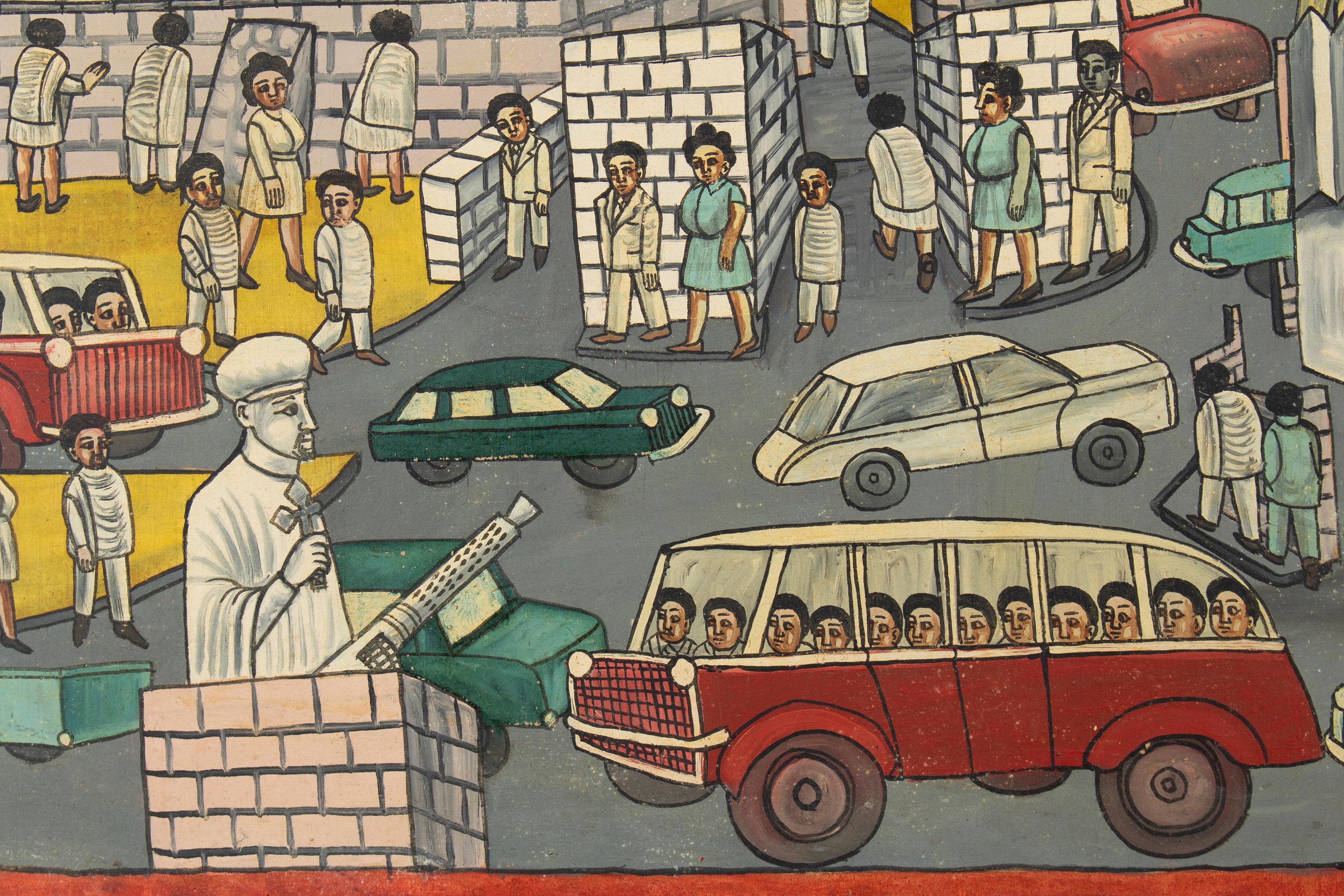 Naive Ethiopian Painting, Traffic in Addis Ababa, 1970s For Sale 1