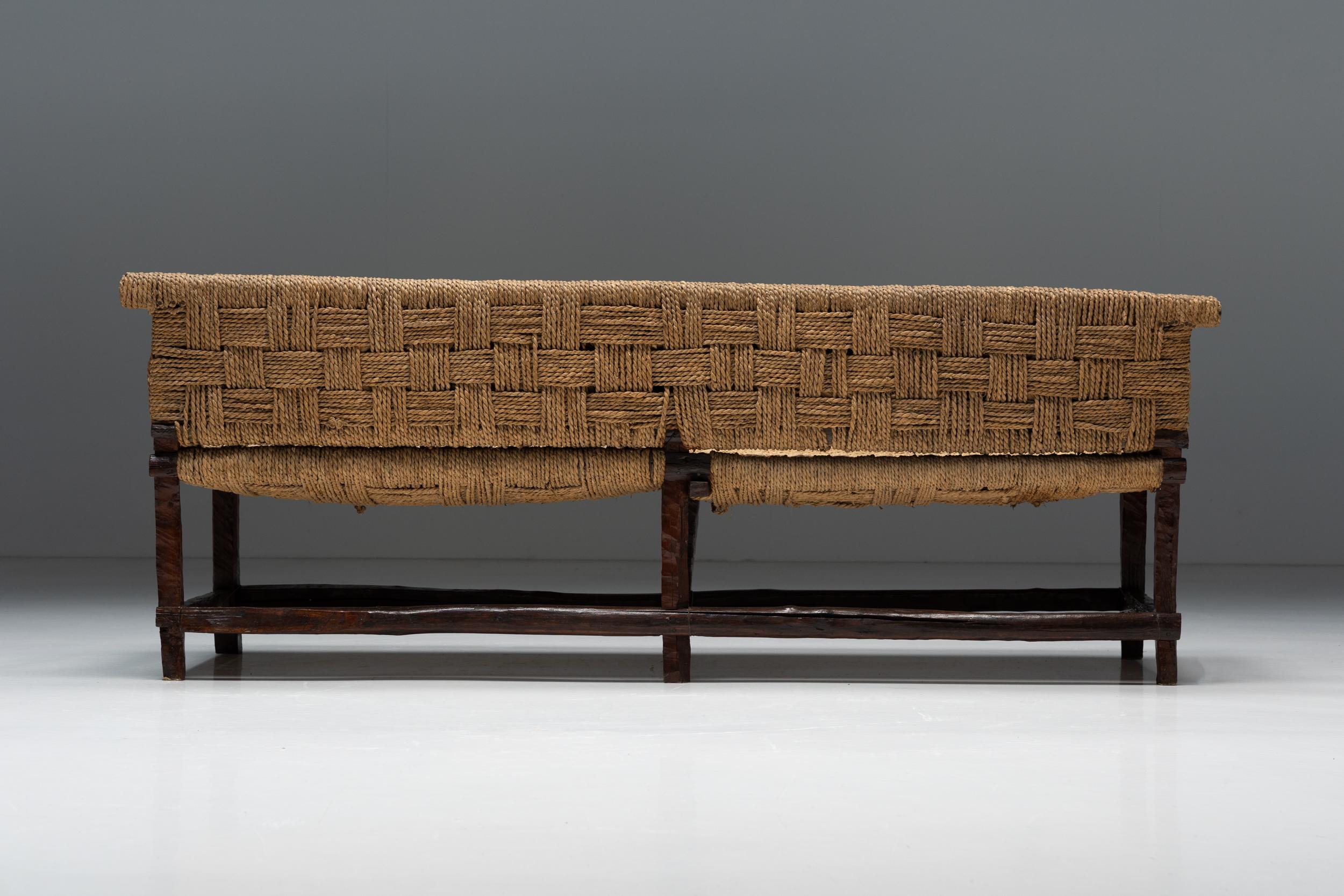 French Naive Folk Art Bench with Woven Seating, 1920s