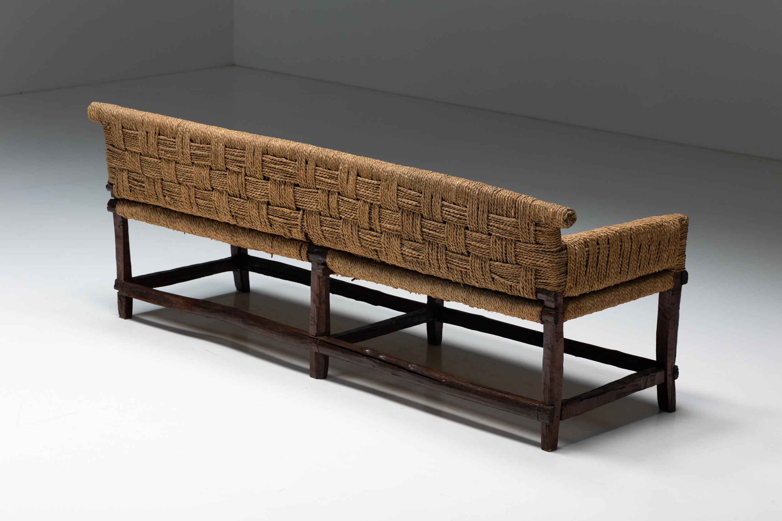 Woodwork Naive Folk Art Bench with Woven Seating, 1920s