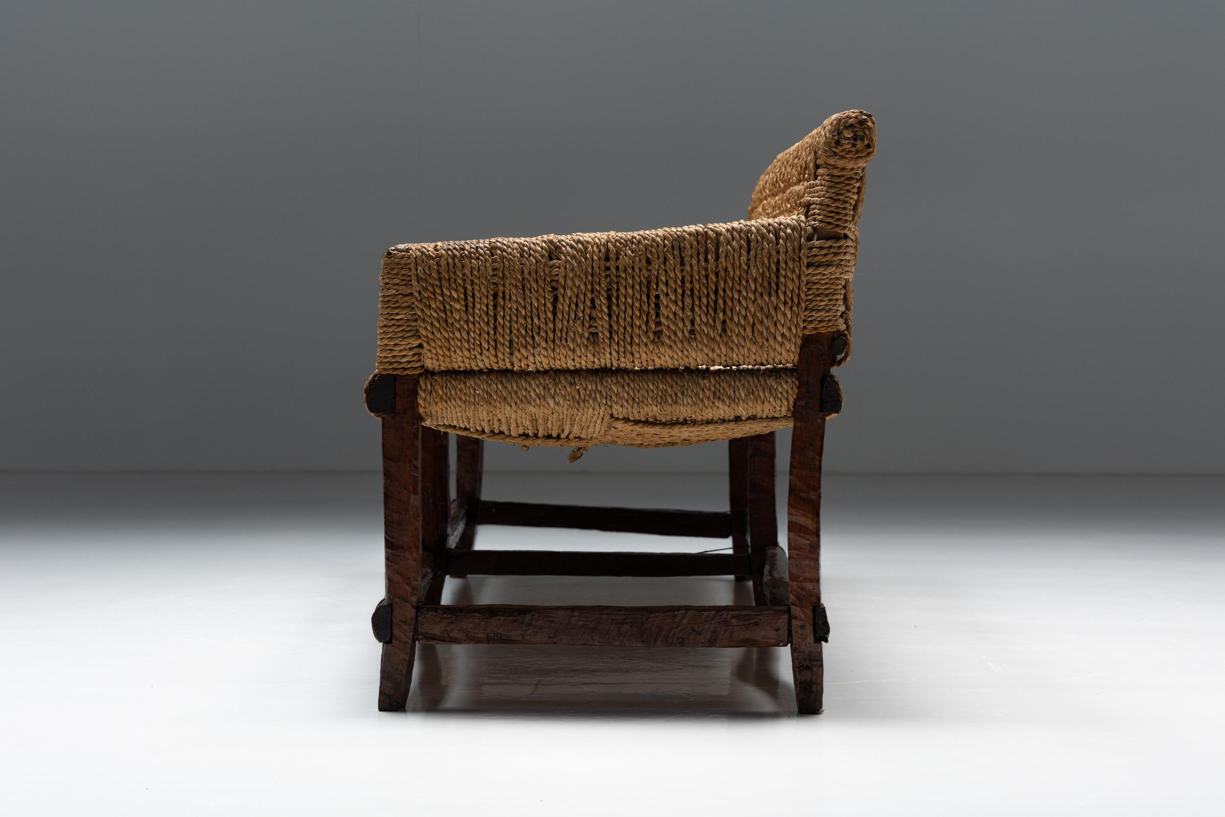 19th Century Naive Folk Art Bench with Woven Seating, 1920s