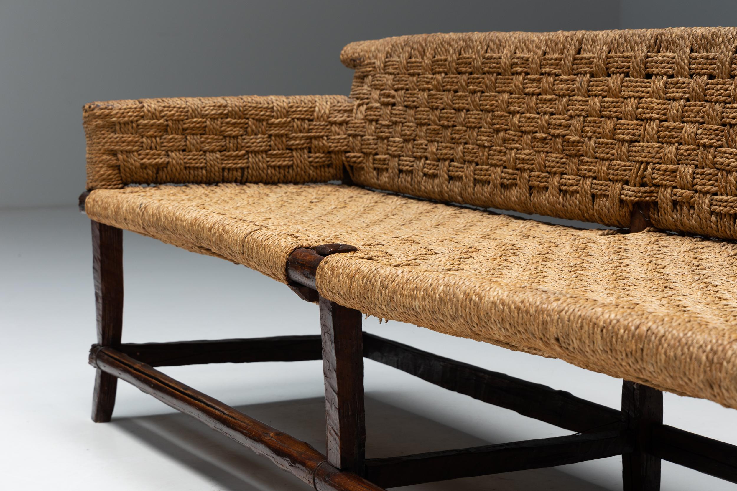 Wood Naive Folk Art Bench with Woven Seating, 1920s