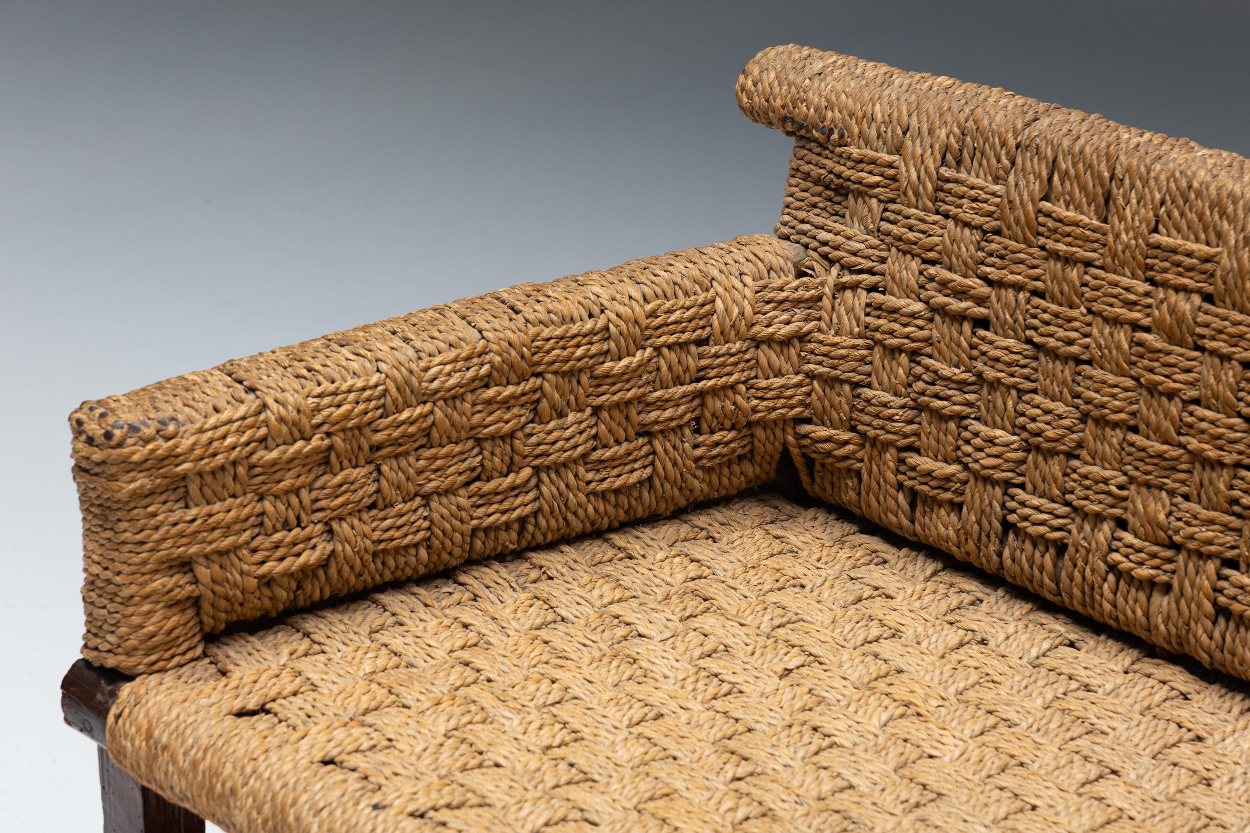 Naive Folk Art Bench with Woven Seating, 1920s 2