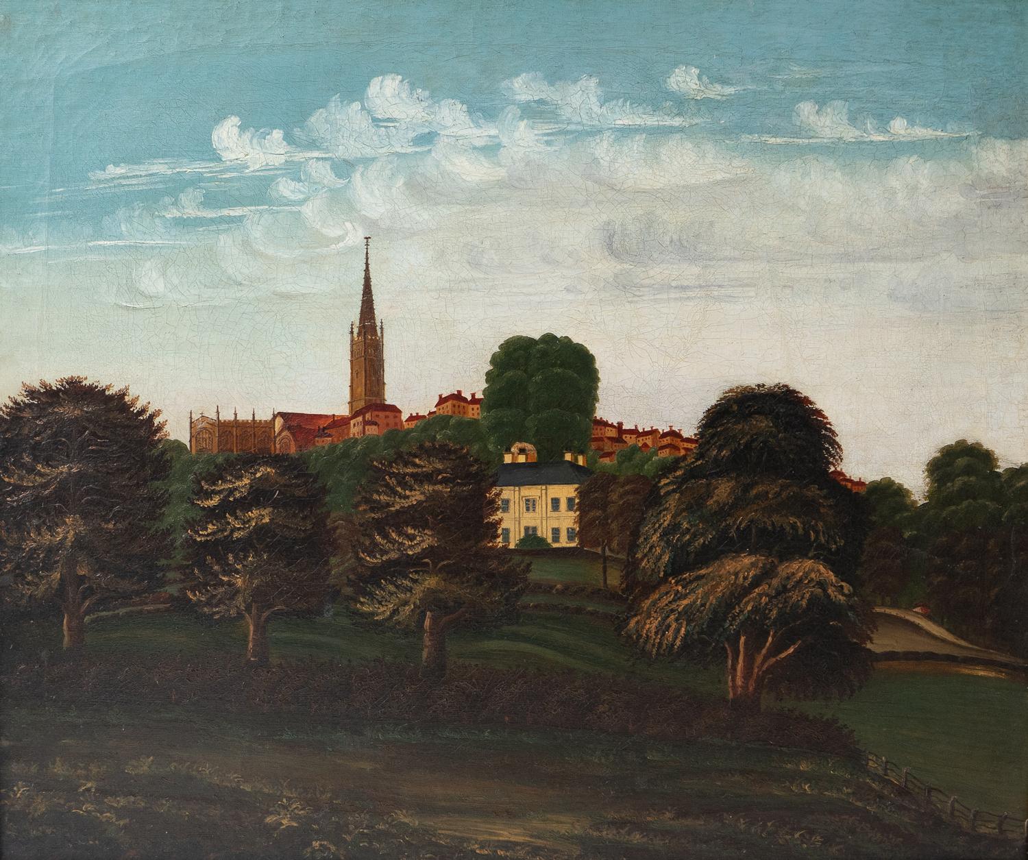 ANTIQUE ORIGINAL OIL ON CANVAS PAINTING DEPICTING A RURAL SCENE, POSSIBLY ROSS ON WYE  

A charming depiction of a country house and grounds with a town behind including a tall spire. This is believed to be Ross-on-Wye. 

Painted in a naive folk art