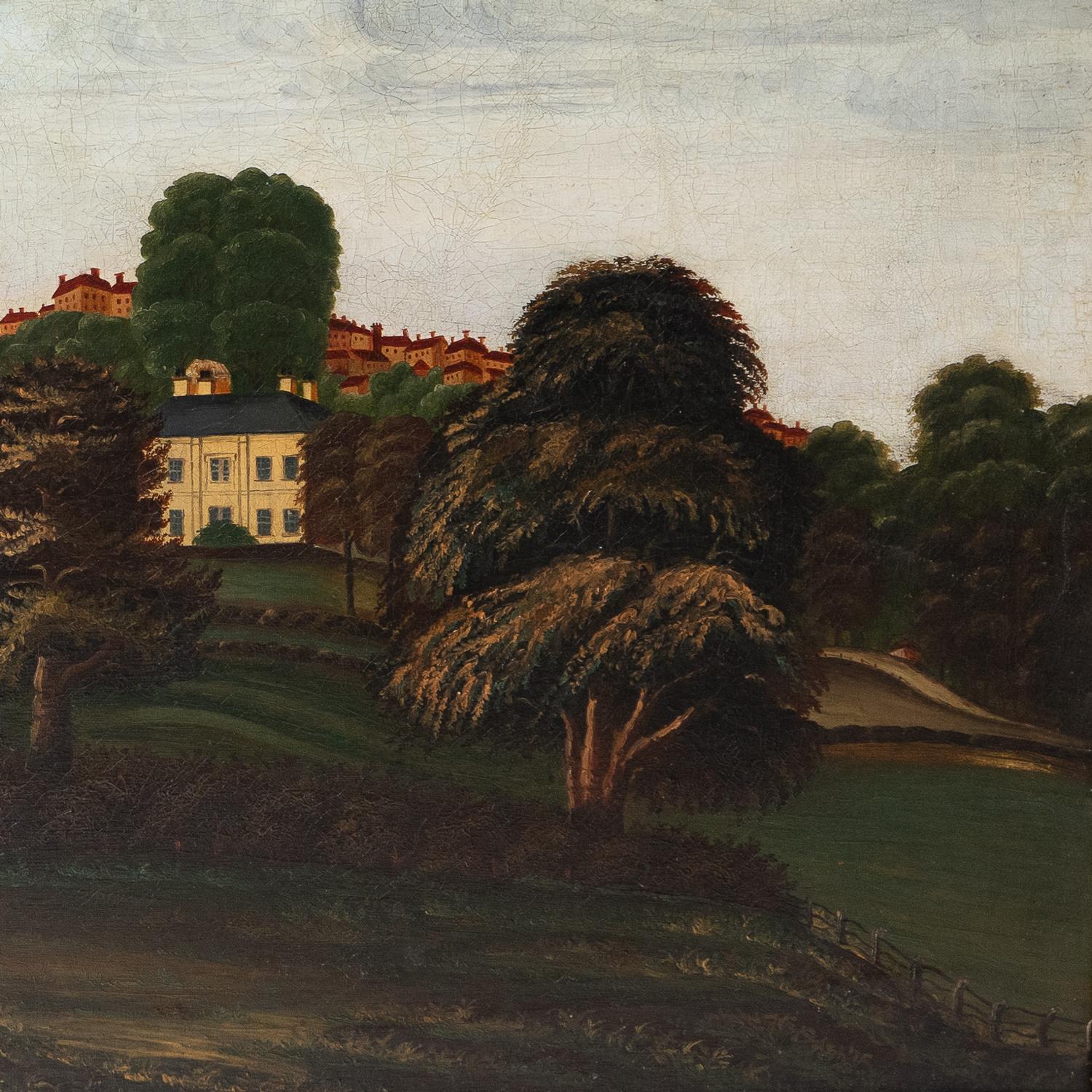 Peint à la main Naive Folk Art Country House Landscape, Original Antique Oil Painting, 19th C. en vente