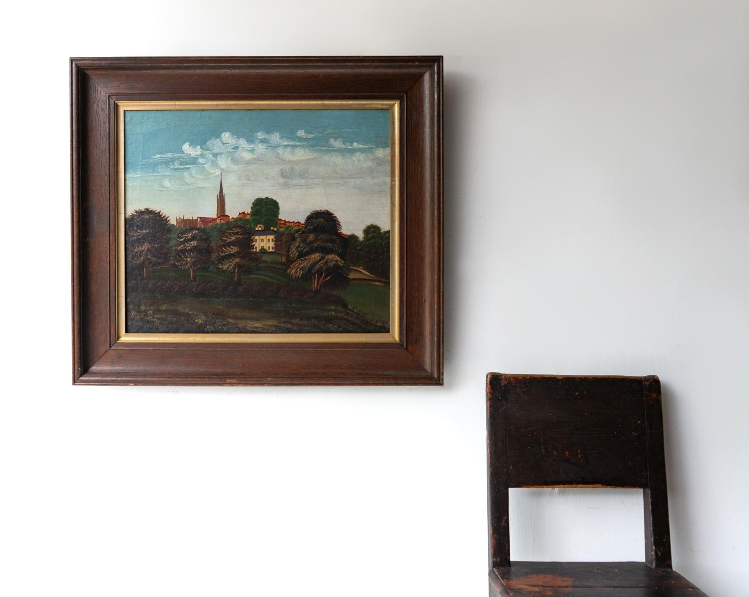 Canvas Naive Folk Art Country House Landscape, Original Antique Oil Painting, 19th C. For Sale