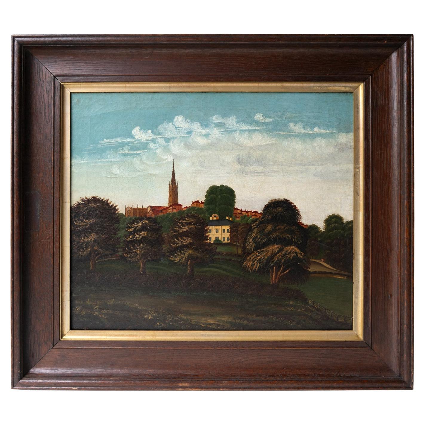 Naive Folk Art Country House Landscape, Original Antique Oil Painting, 19th C. For Sale