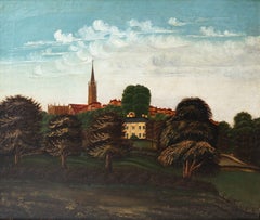 Naive Folk Art Country House Landscape, Original Antique Oil Painting, 19th C.