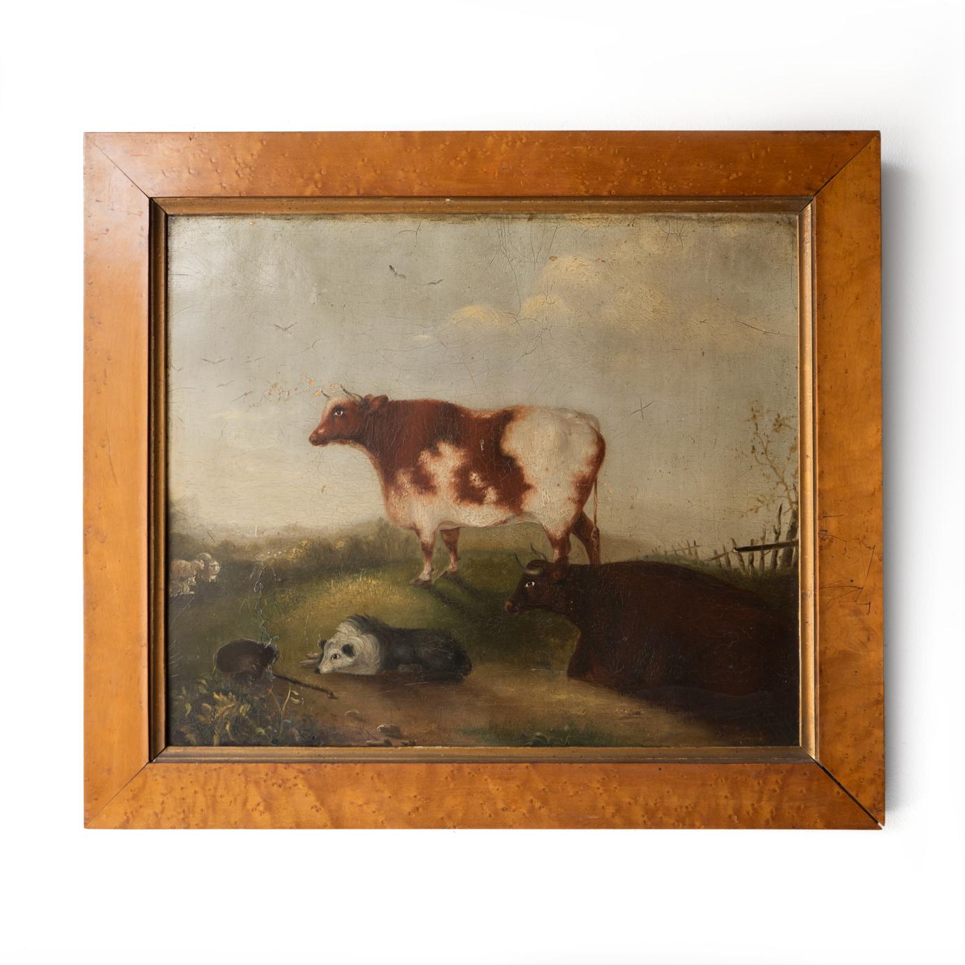 ANTIQUE NAIVE RURAL SCENE

One of the most charming and thoroughly sweet depictions of farm animals I have seen. There is a lovely glint in their eyes! Two cattle, possibly shorthorn one seated and one standing, a fluffy seated sheepdog next to a