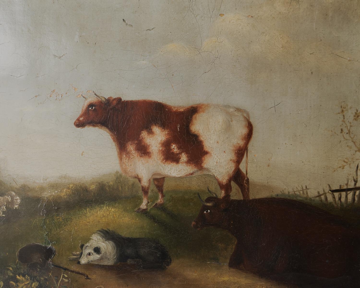 Painted Naive Folk Art Depiction of Cattle, Sheep & Sheepdog, Antique Oil Painting