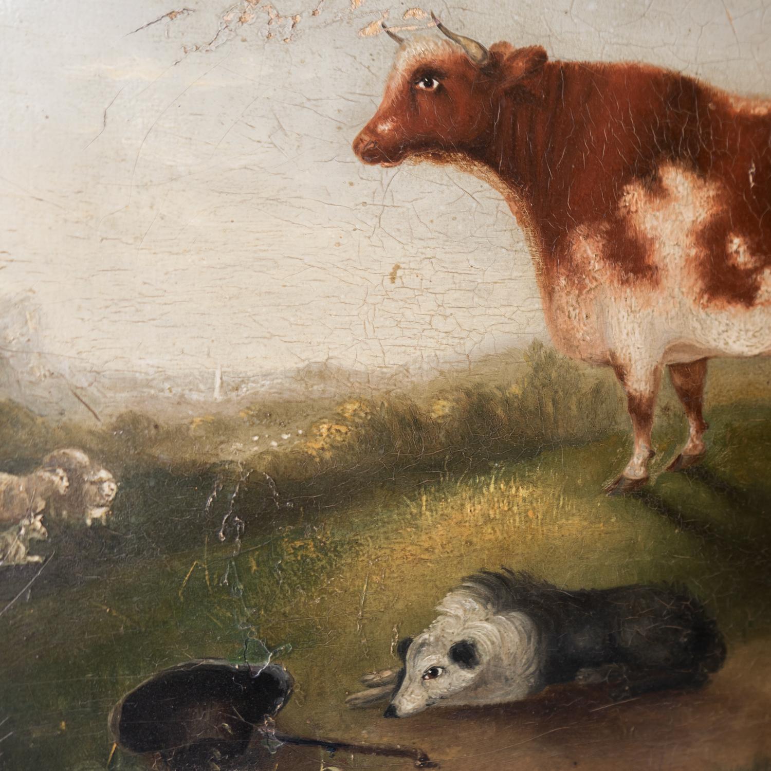 Wood Naive Folk Art Depiction of Cattle, Sheep & Sheepdog, Antique Oil Painting