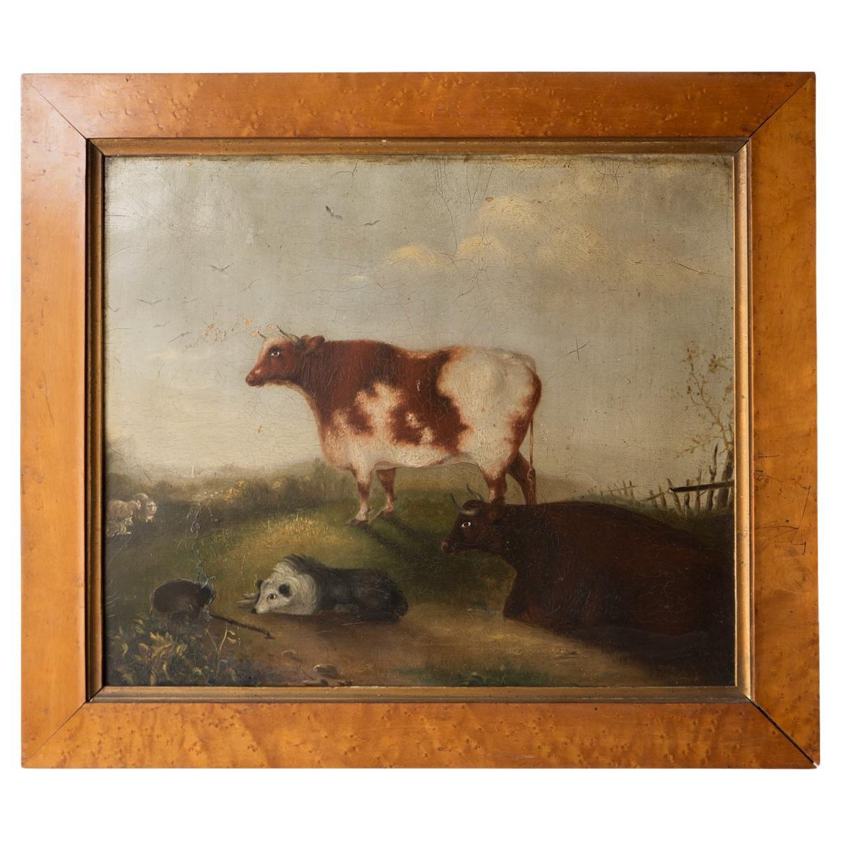 Naive Folk Art Depiction of Cattle, Sheep & Sheepdog, Antique Oil Painting