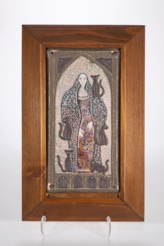 Naive Folk Art Girl with Cats, Enamel on Copper Solid Wood Frame