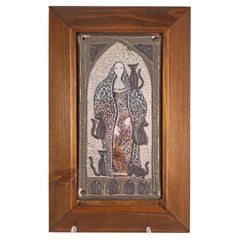 Naive Folk Art Girl with Cats, Enamel on Copper Solid Wood Frame