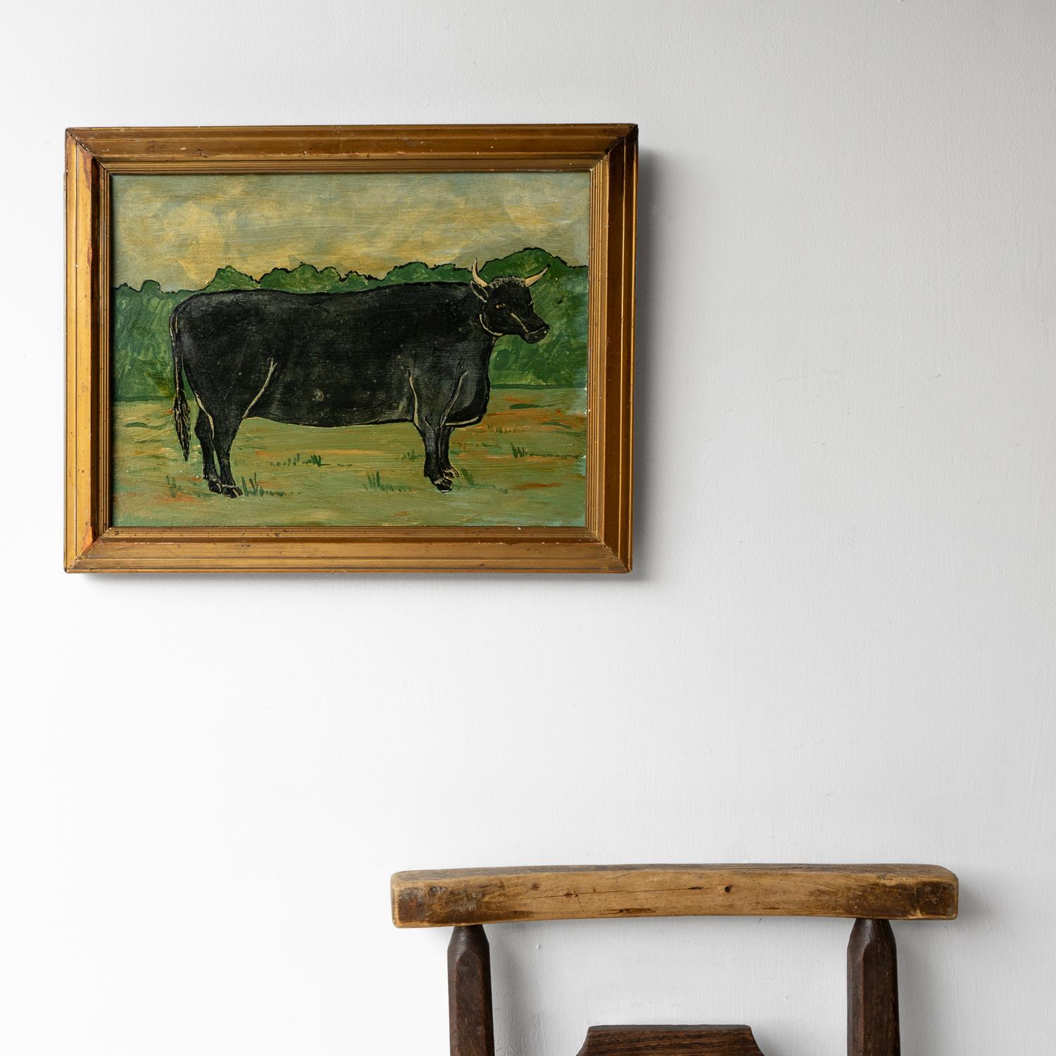Hand-Painted Naive Folk Art Portrait Of A Cow, Vintage Original Oil On Board Painting