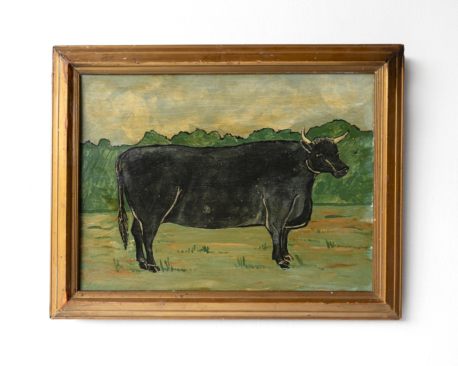 Naive Folk Art Portrait Of A Cow, Vintage Original Oil On Board Painting In Good Condition In Bristol, GB