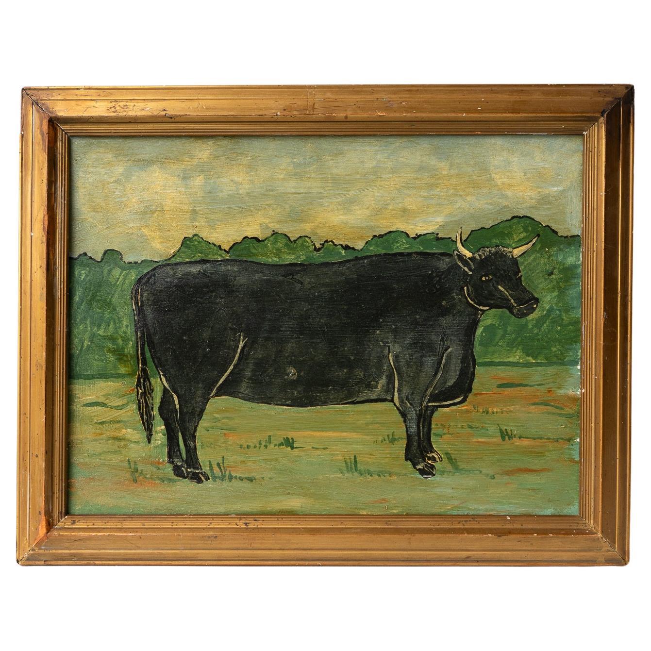 Naive Folk Art Portrait Of A Cow, Vintage Original Oil On Board ...