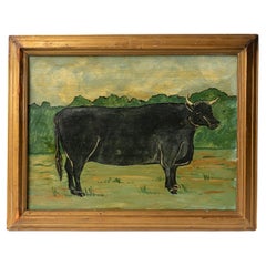 Naive Folk Art Portrait Of A Cow, Vintage Original Oil On Board Painting