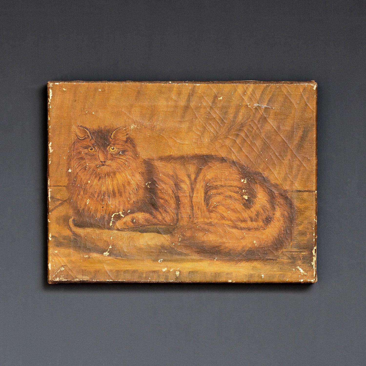 Antikes Original-Ölgemälde.
Eine charmante Studie einer flauschigen Katze, die sich zusammengerollt hat und Sie direkt anschaut.
 
Gemalt im naiven Stil.
 
Wahrscheinlich aus dem frühen 19. Jahrhundert.
 
Das Gemälde hat einige