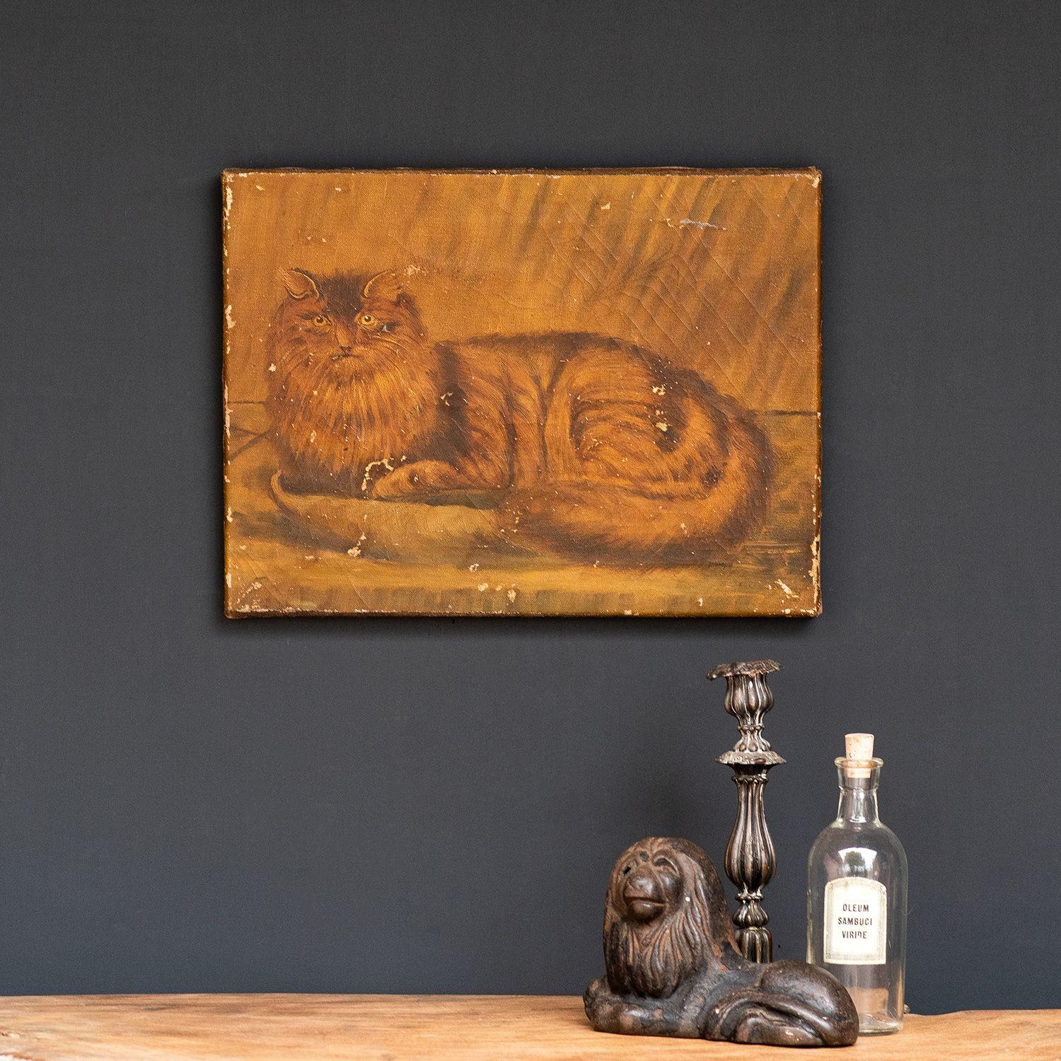 Naive Volkskunststudie einer Katze, Öl auf Leinwand, antikes Gemälde des 19. Jahrhunderts (Handbemalt) im Angebot