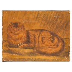 Naive Folk Art Study of a Cat, Oil on Canvas, 19th Century