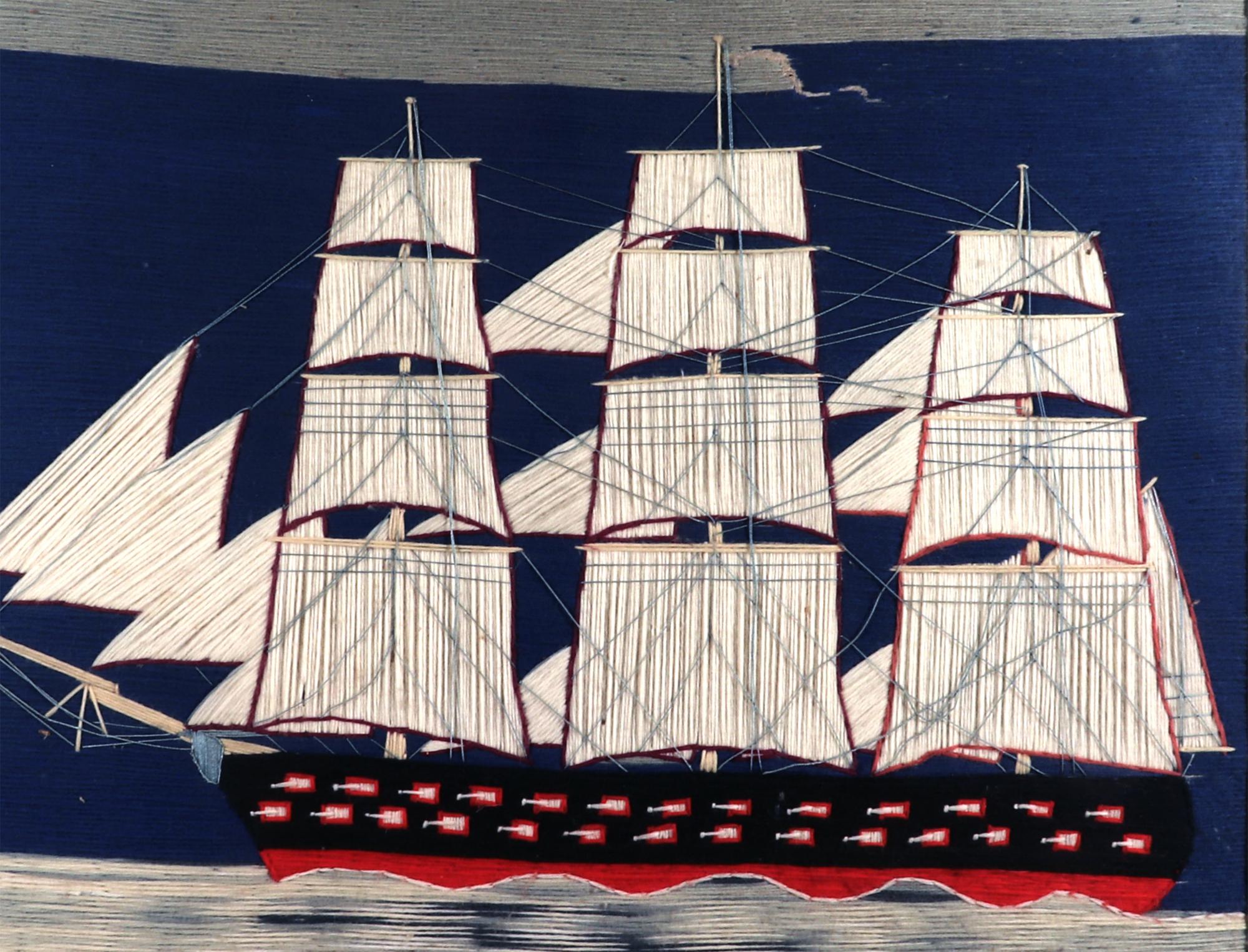 Great Color & Style!

Naive Sailor's Woolwork woolie,
circa 1875

The sailor's woolie depicts a portside view of a three-masted British Royal Navy Vessel under sail upon a variegated sea. There is an unusual treatment to the gun ports as all