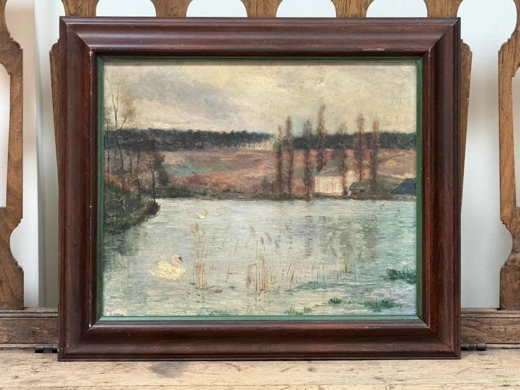 19th C. French landscape with swan, naïve impressionist oil-on-canvas landscape painting, signed indistinctly in the lower right corner.  Dimensions: Frame H 23.5