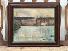Naïve French oil-on-canvas landscape painting with swan, 19th C.