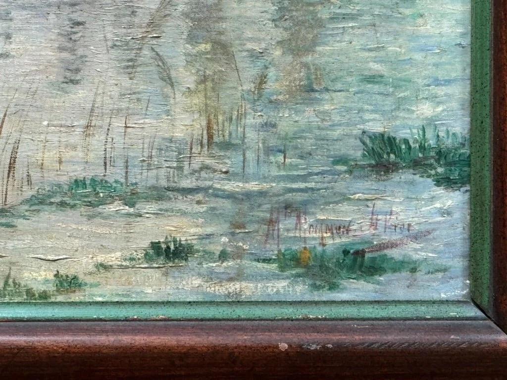 Naïve French oil-on-canvas landscape painting with swan, 19th C. In Good Condition For Sale In Charlottesville, VA