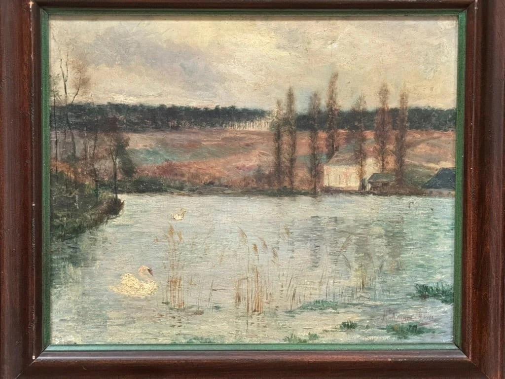 19th Century Naïve French oil-on-canvas landscape painting with swan, 19th C. For Sale