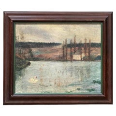 Naïve French oil-on-canvas landscape painting with swan, 19th C.