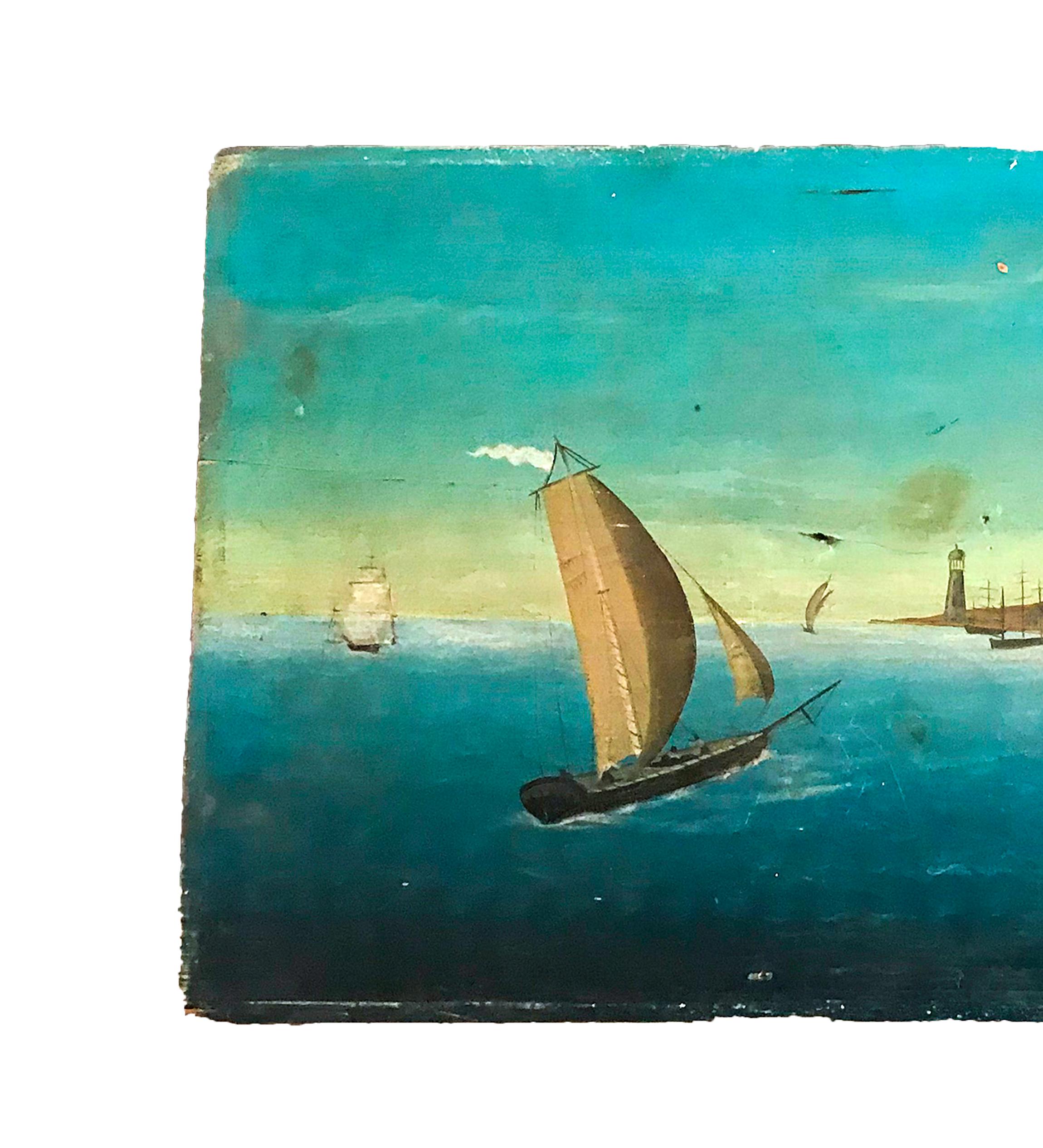 Depicting a one mast ship sailing into a harbor. A charming primitive painting. Oil on a 1