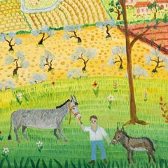 Naive Illustrated Landscape in Bright Green-Yellow Colors by Nicole Fourcroy