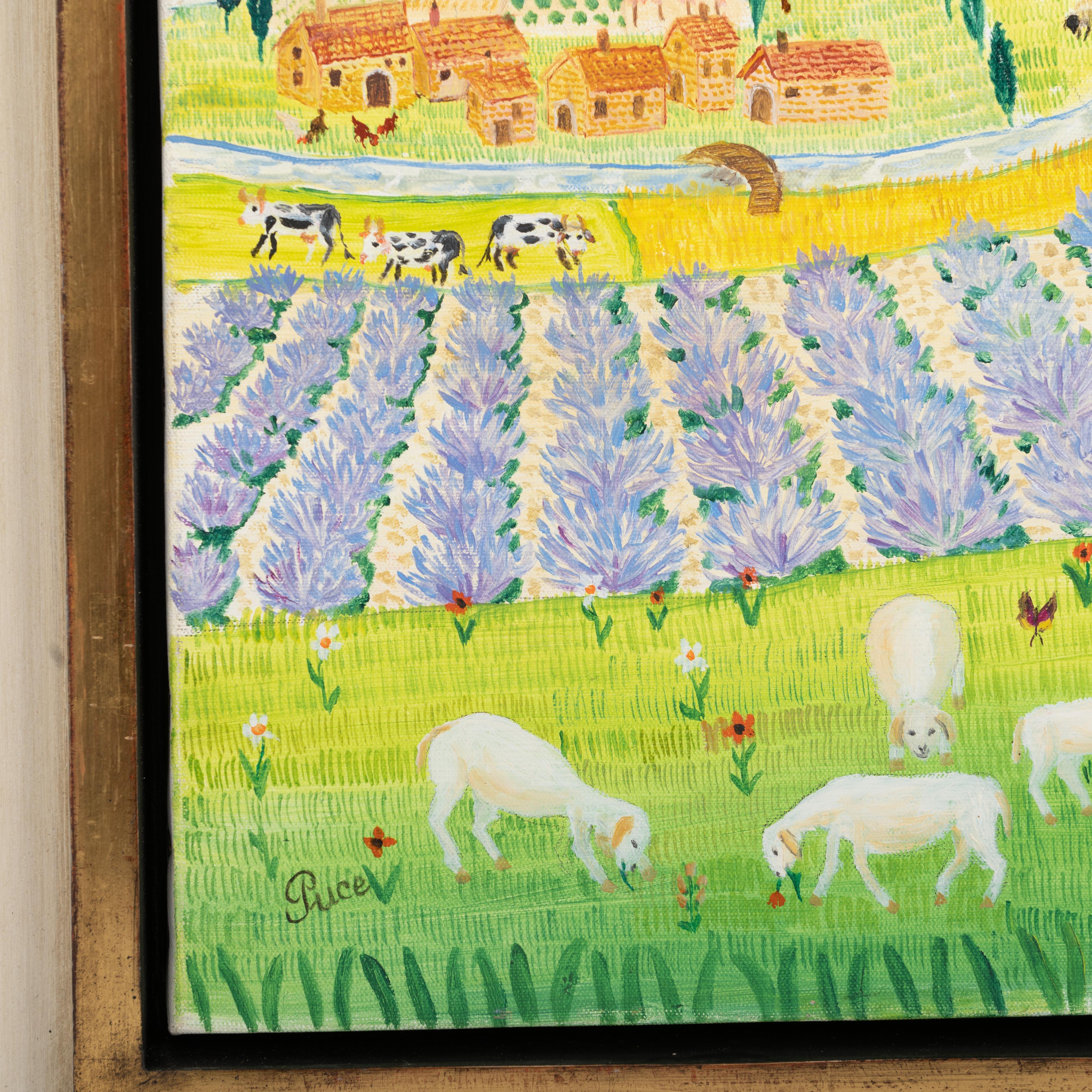 Folk Art Naive Illustrated Landscape in Bright Green-Yellow Colors by Nicole Fourcroy For Sale