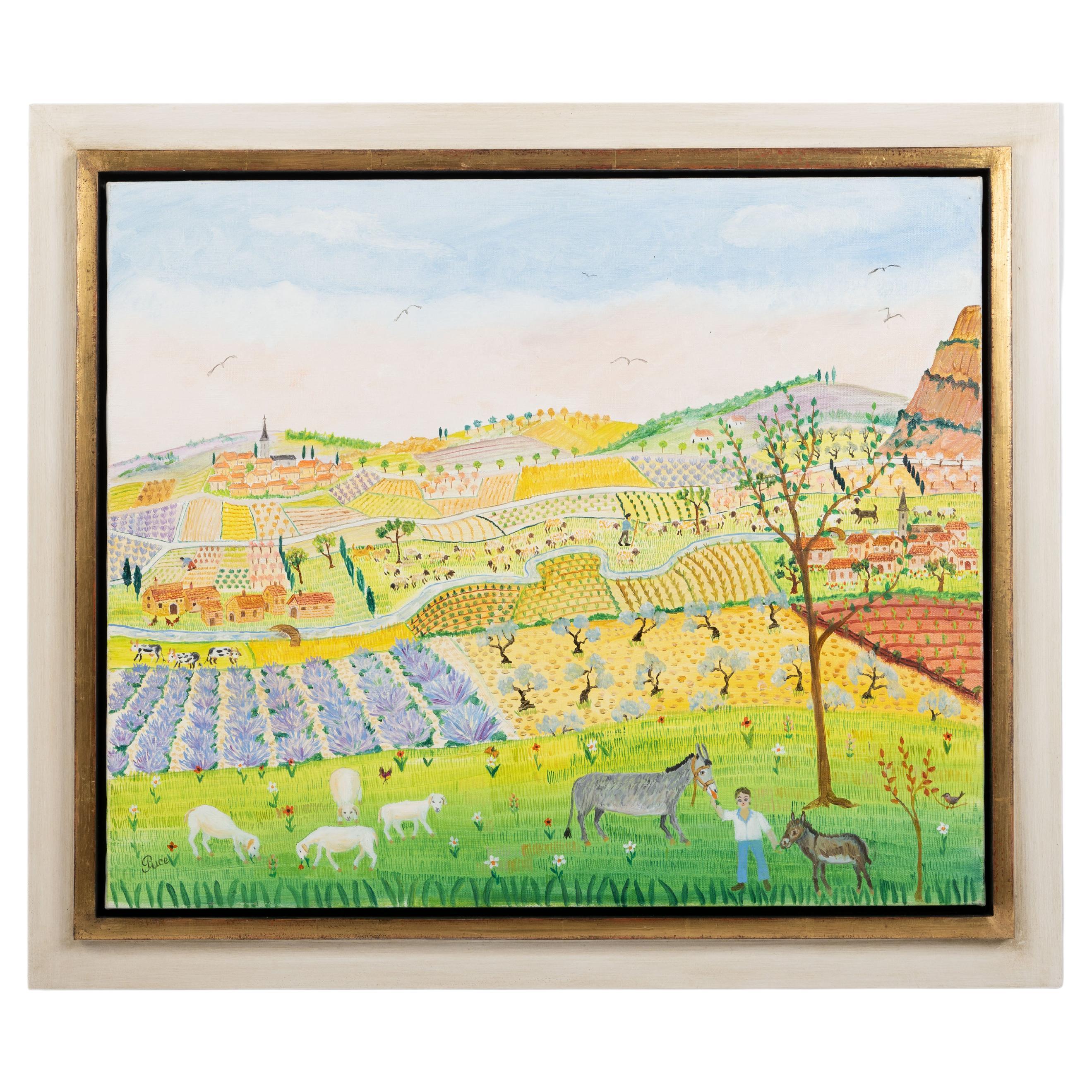 Naive Illustrated Landscape in Bright Green-Yellow Colors by Nicole Fourcroy For Sale