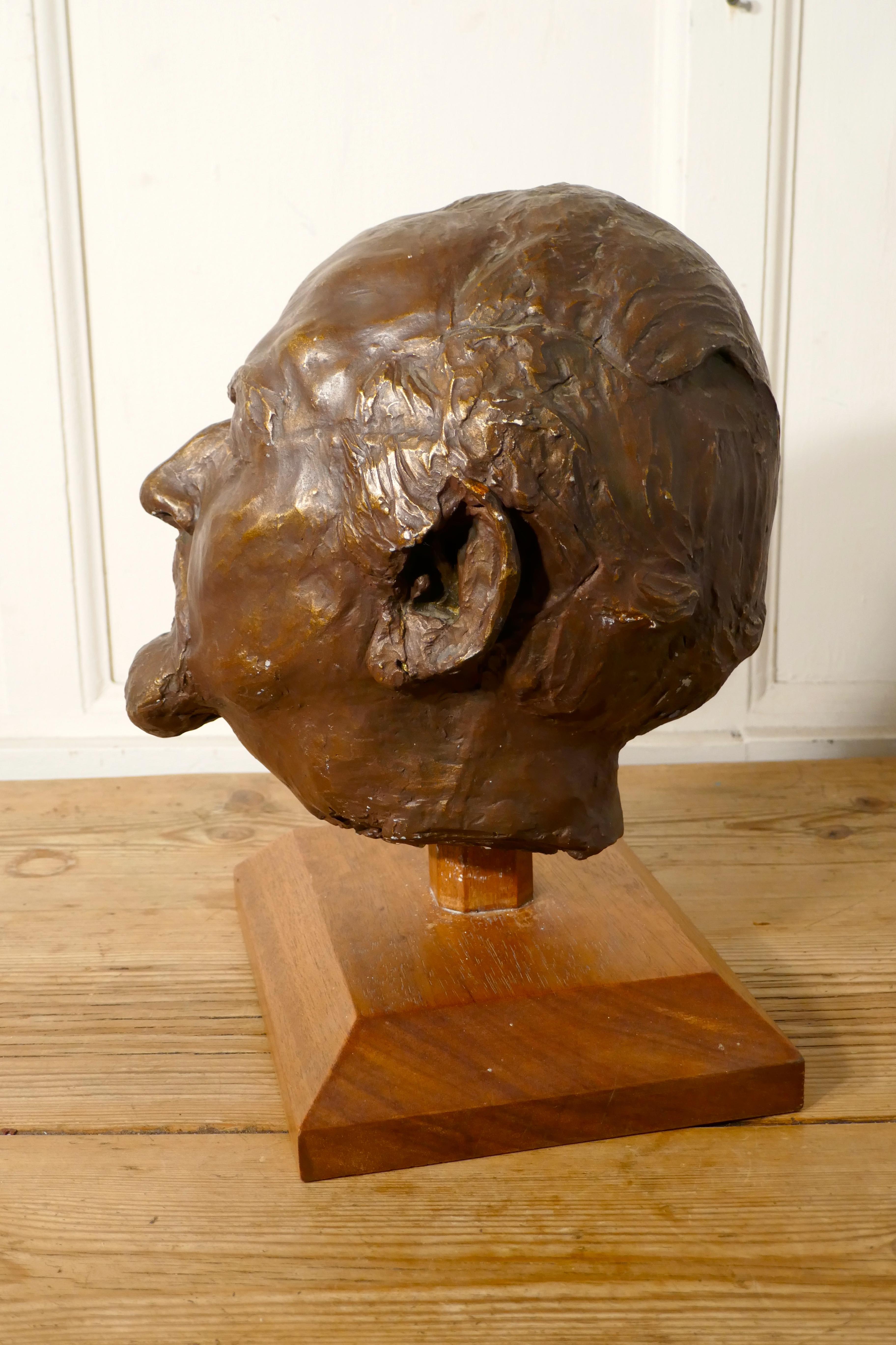 20th Century Naive Life-Size Simulated Bronze Plaster Head of Bearded Man, Not Signed For Sale