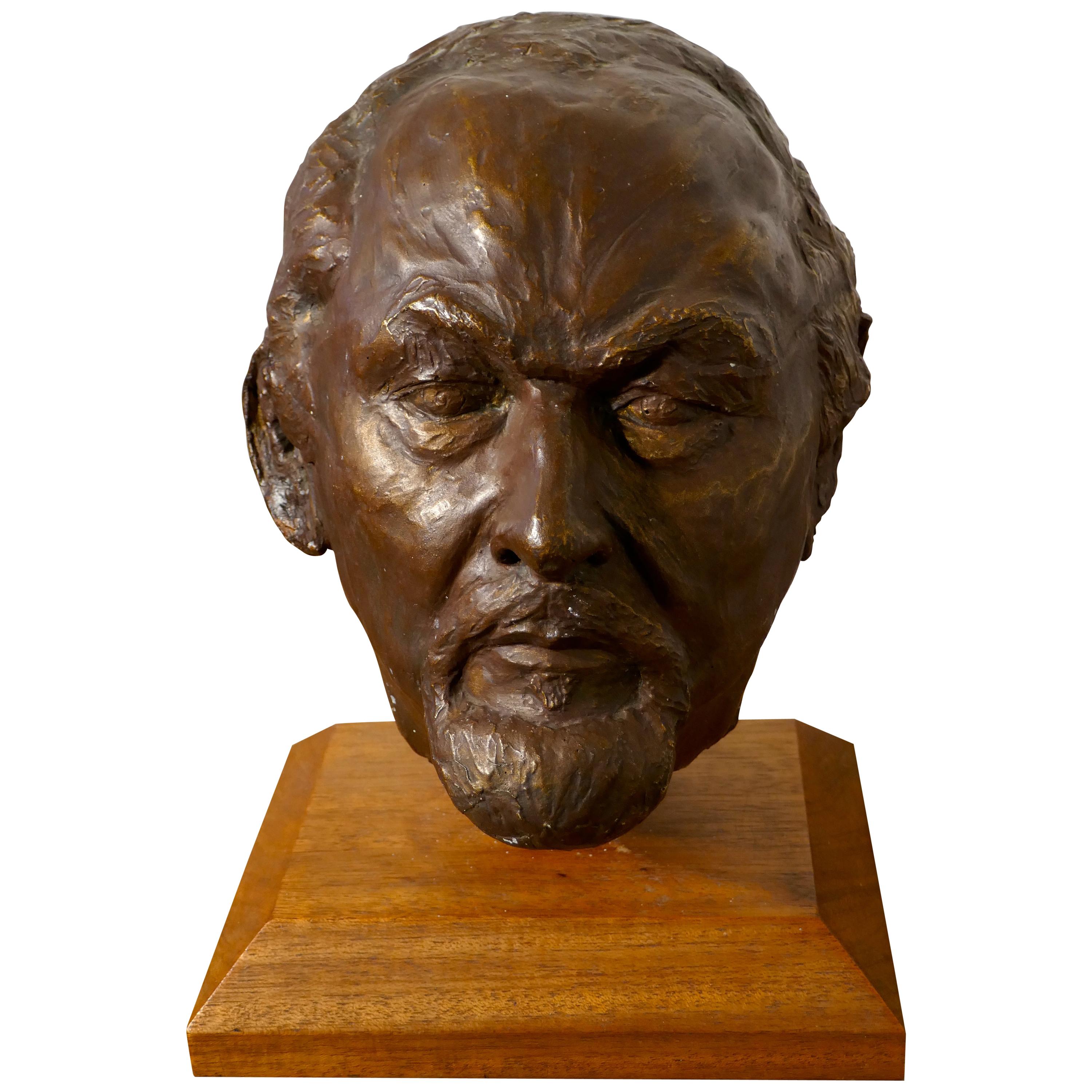 Naive Life-Size Simulated Bronze Plaster Head of Bearded Man, Not Signed