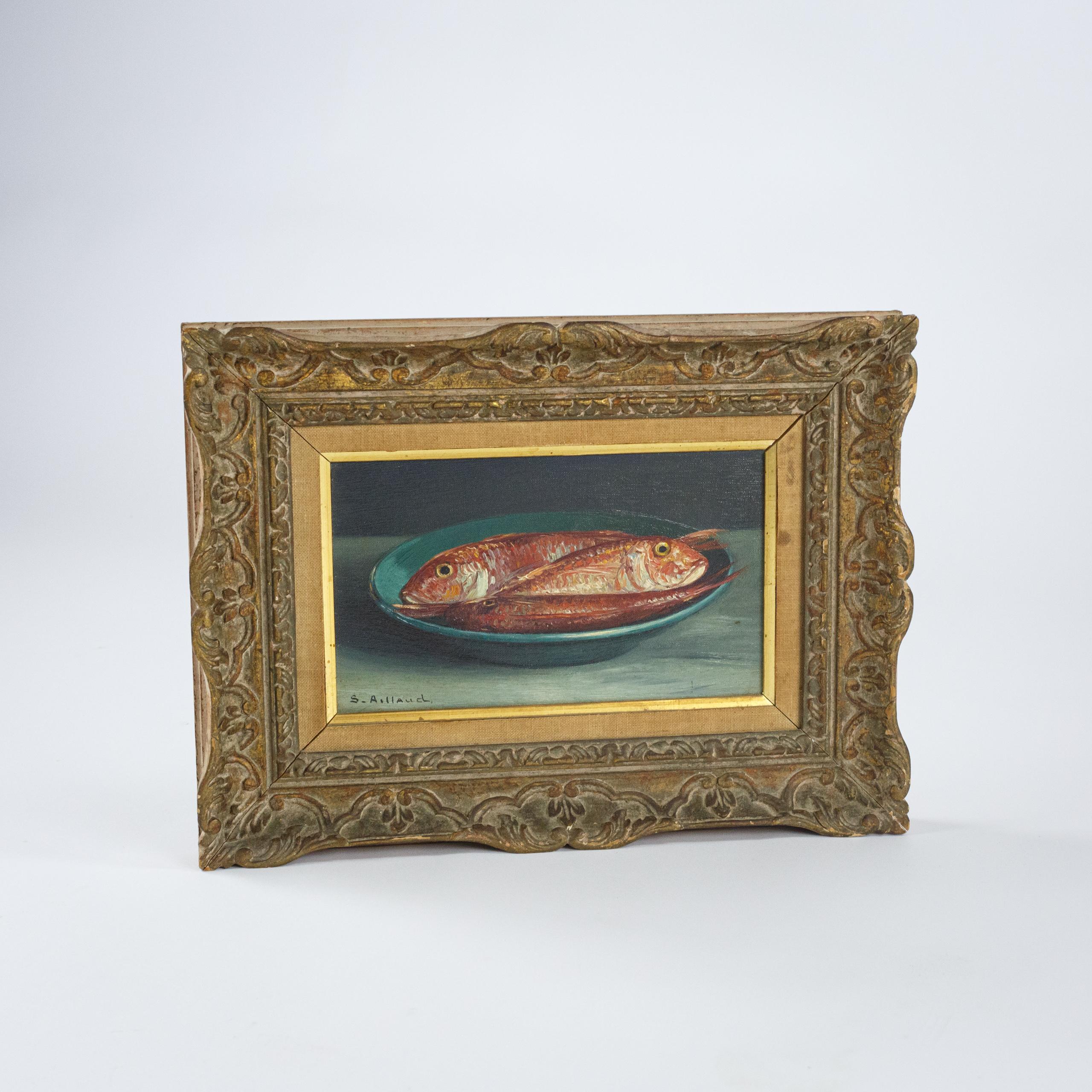 Naive Oil On Canvas of Catch of the Day, a blue bowl of three characterful red mullet.

Signed 
S. Aillaud
France Circa 1960.