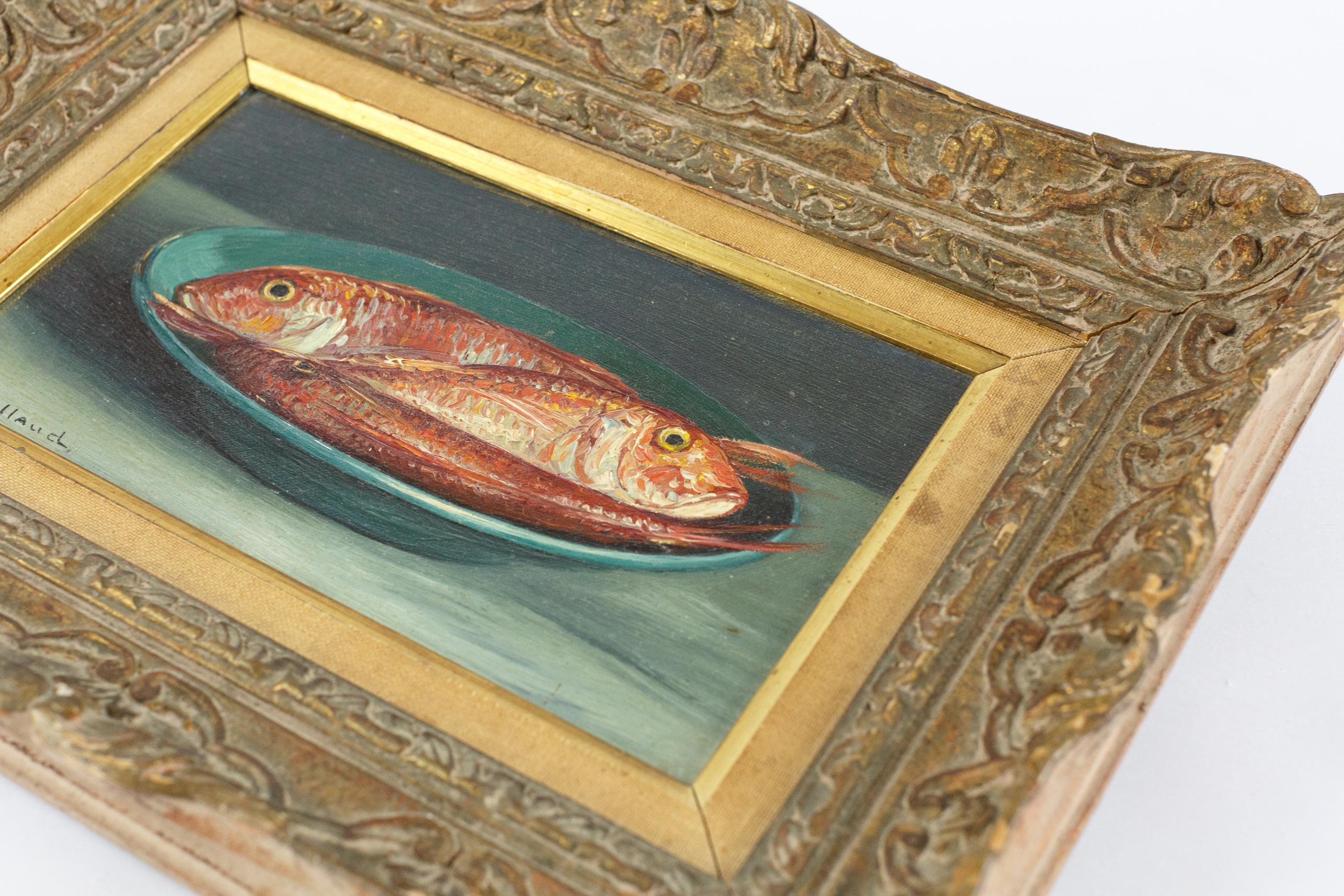 French Naive Mid 20th Century Oil on Canvas of Red Mullet For Sale