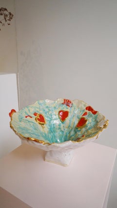 Spanish Inspired White Red and Green Stoneware Gold Lustre Centre de Table Plate