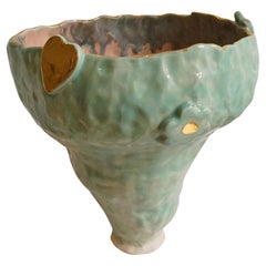 Naive Light Green and Gold Turnip Shaped Artisanal Stoneware Vase