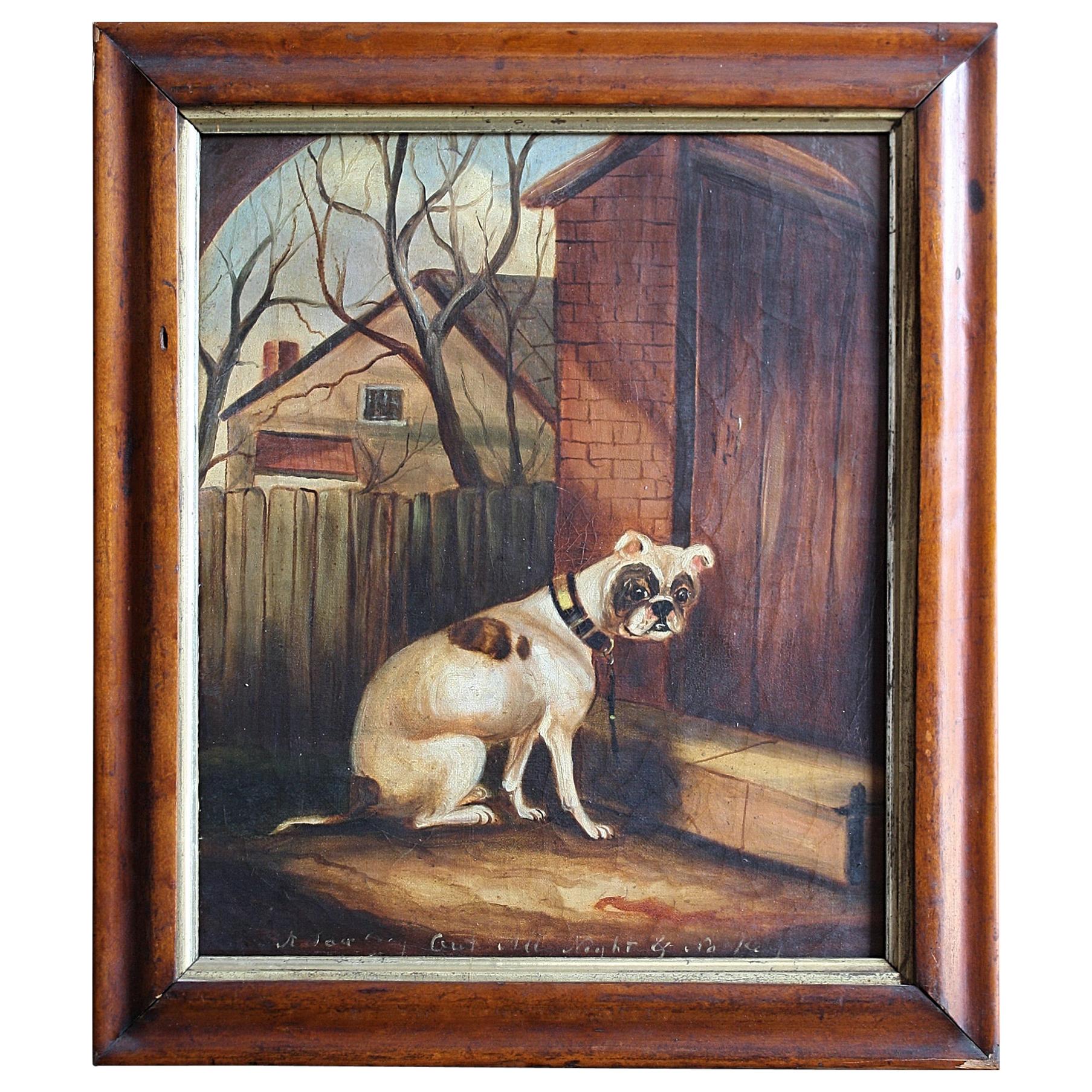 Naive Oil Canvas Bulldog Maple Frame 'A Sad Dog Out All Night & No Key'