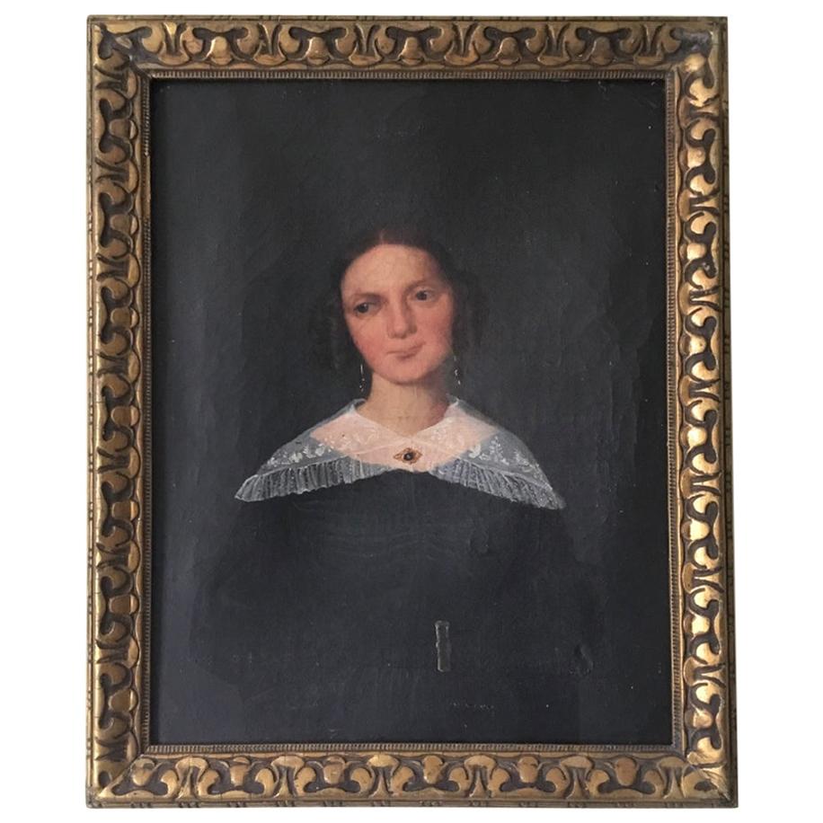 Naive Oil on Canvas Portrait of a Young Woman