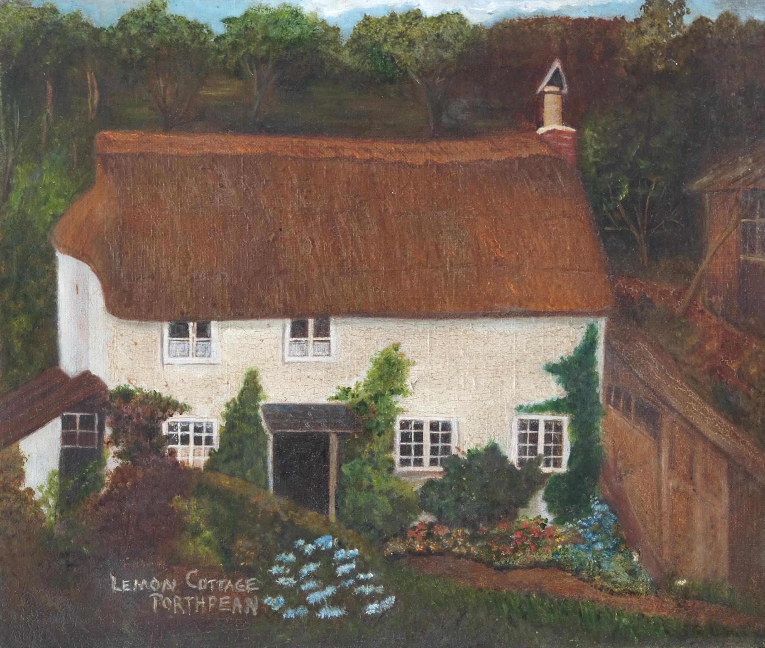 A very cute naive oil painting on stretched canvas of Lemon Cottage, Porthpean in Cornwall. Late 19th-early 20th century. Unframed.
Porthpean is a small village on the cliffs of the southern Cornish coast, South West England.
A charming piece of