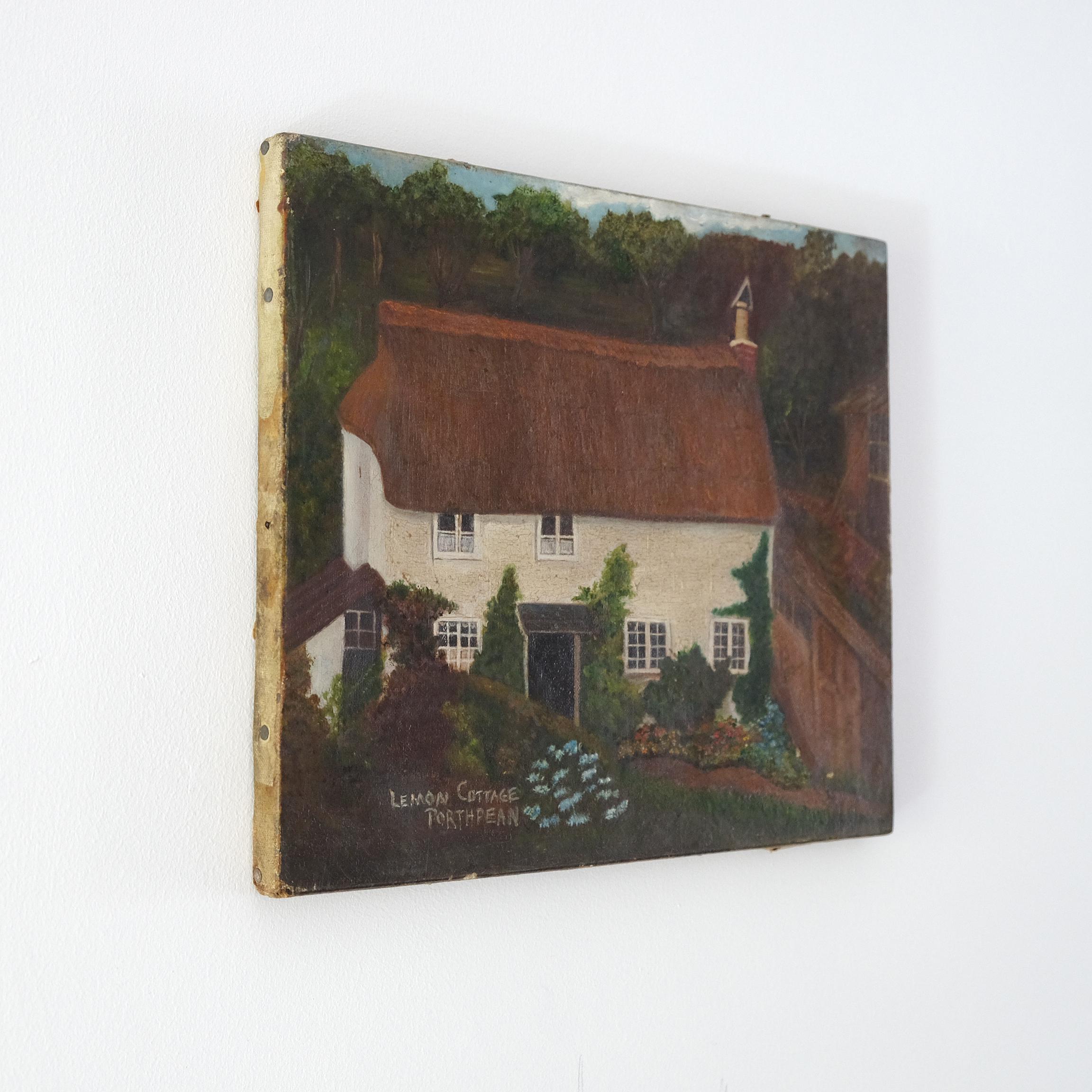 Naive Oil Painting Canvas, English Primitive School Country Cottage 19th Century In Good Condition In Totnes, GB