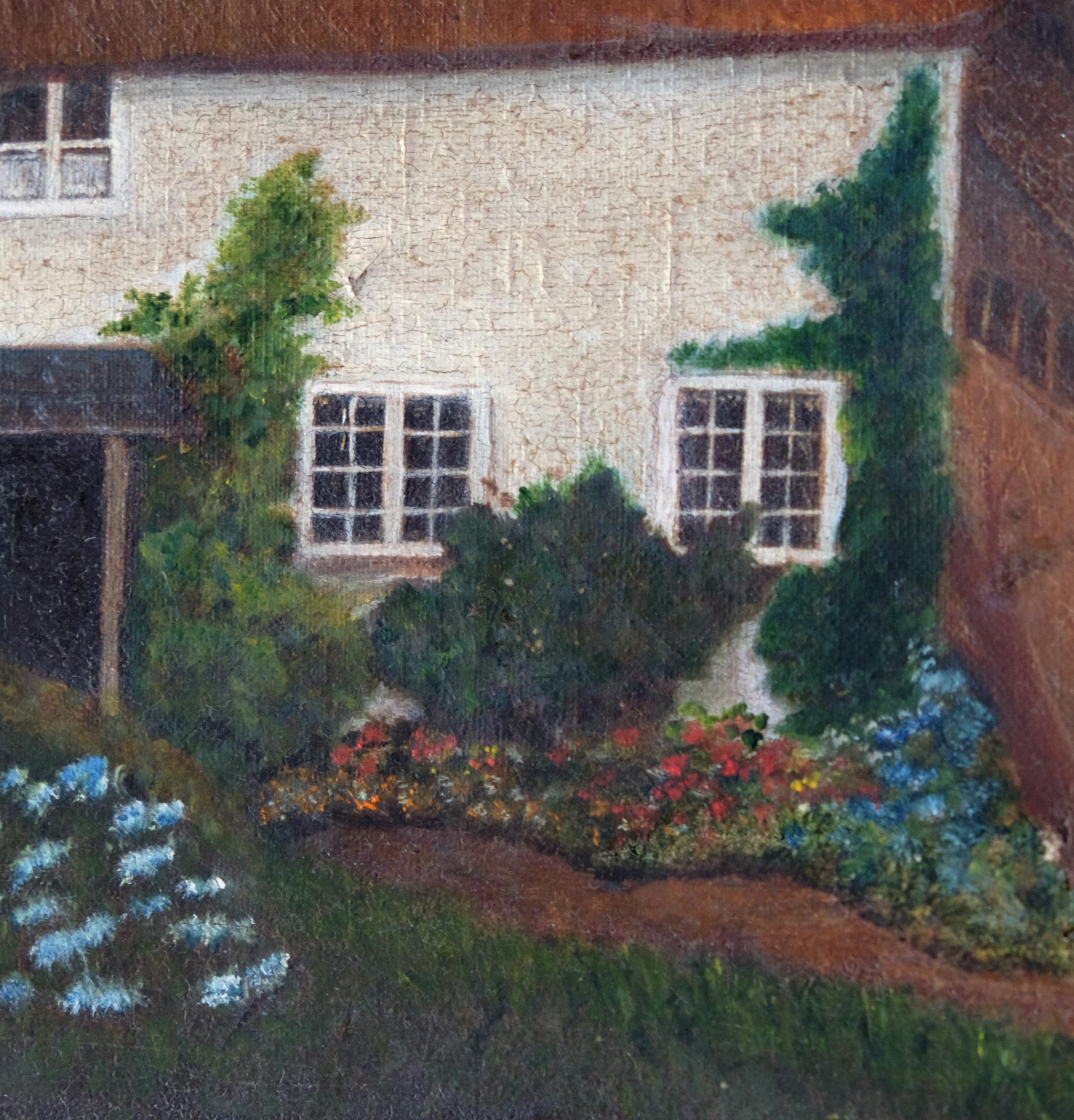 Early 20th Century Naive Oil Painting Canvas, English Primitive School Country Cottage 19th Century
