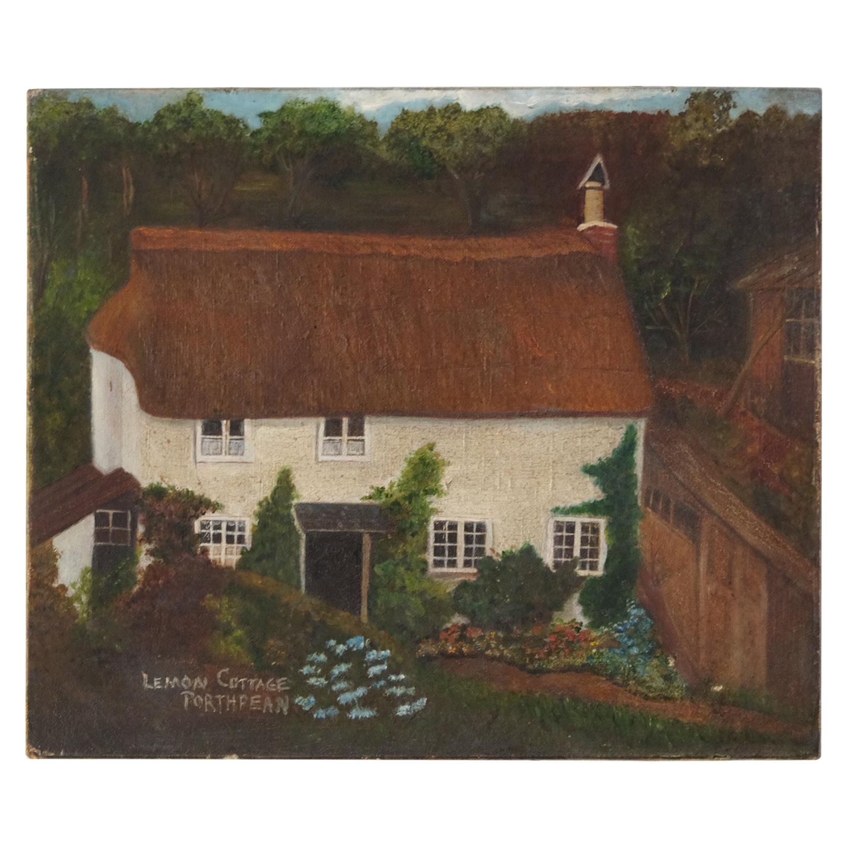 Naive Oil Painting Canvas, English Primitive School Country Cottage 19th Century