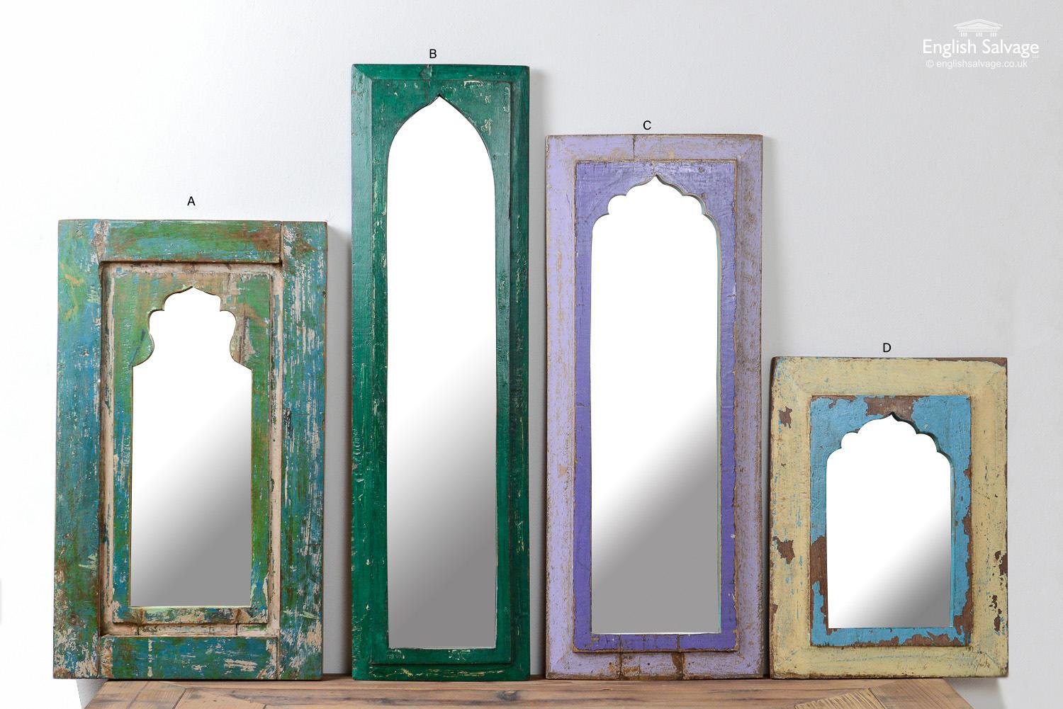 Rustic wooden framed mirrors from India. Each is unique, and naively made from reclaimed wood, with a lovely patina from paint remnants and age.