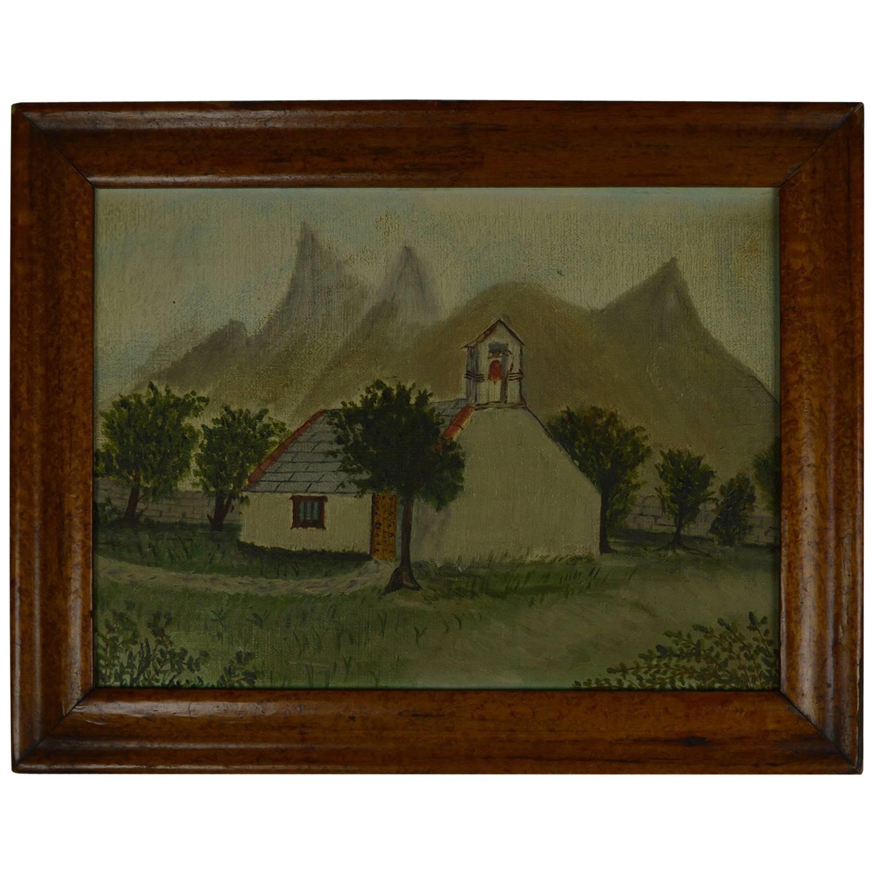 Charming image of a church in an alpine landscape.

Oil on canvas board.

English, late 19th century.

Artist unknown.

Presented in an antique bird’s-eye maple frame.