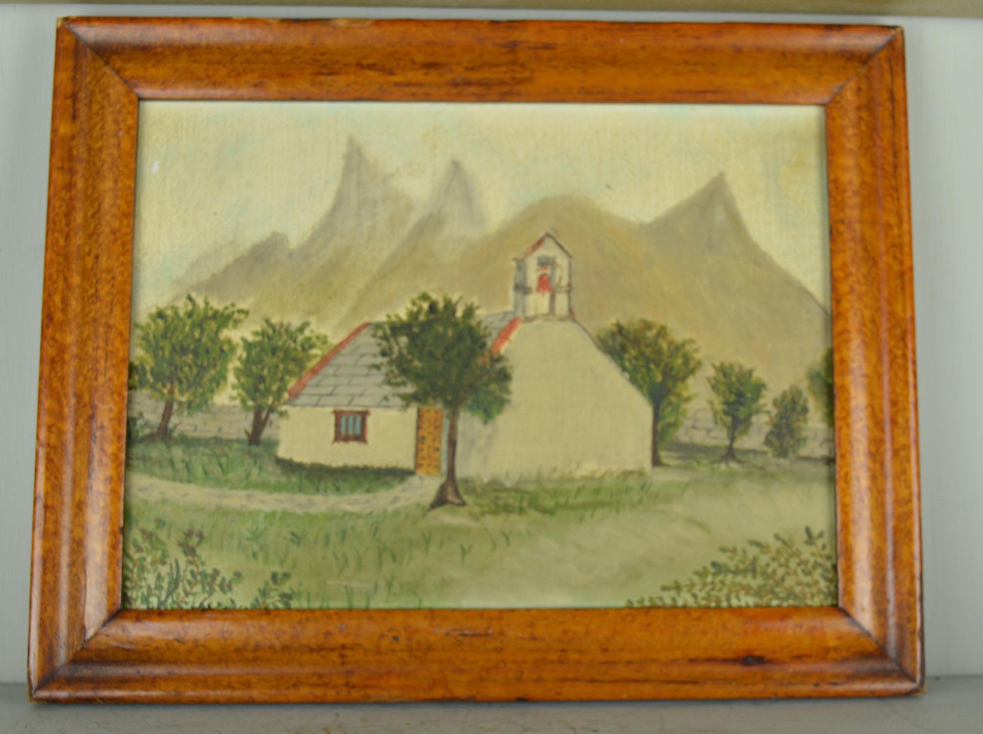 Folk Art Naive Painting of a Church in an Alpine Landscape, Late 19th Century